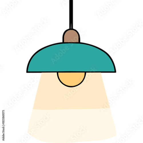 Teal Pendant Light Fixture with Warm Yellow Glow Illuminating a Room With a Wooden Accent Top and Black Cord