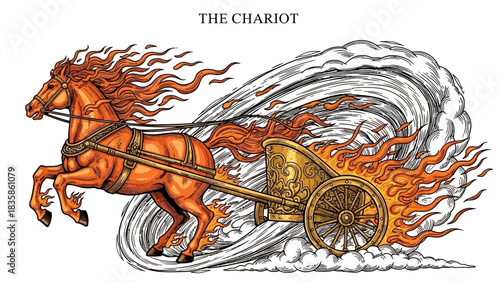Mythical Chariot Pulled by Fiery Horses with Smoke and Flames, Evoking Power and Speed