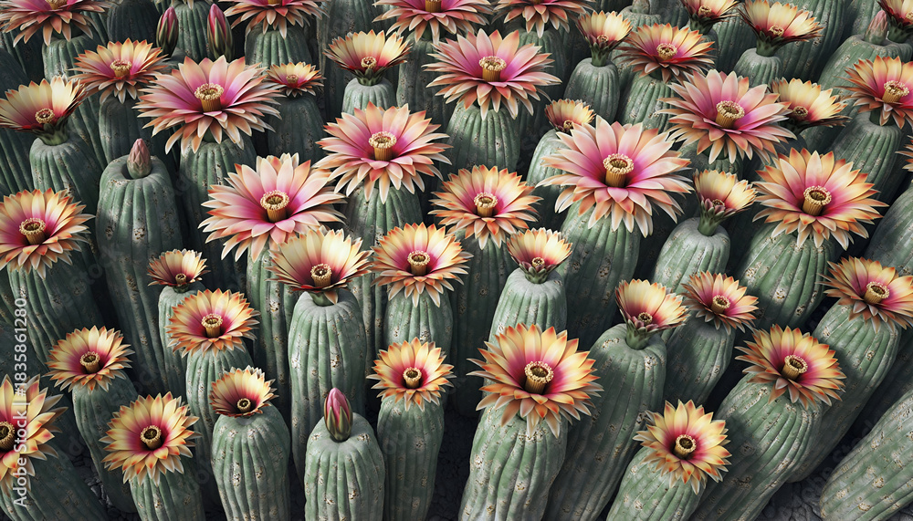 Fototapeta premium Close up Macro of Many Blooming Cacti with Pink and Yellow Flowers and Green Stalks in Natural Lighting