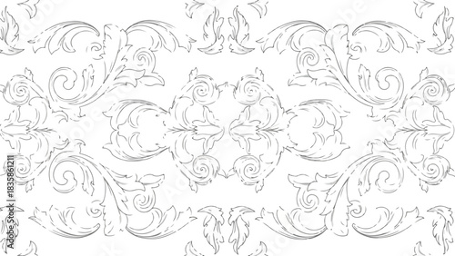 Intricate line drawing of a floral damask pattern on a white background with ornate designs and swirling motifs.