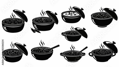 Collection of steaming hot food in various pots and pans, ready to serve.