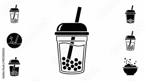 Black and White Bubble Tea Icons - A Refreshing Drink Collection.