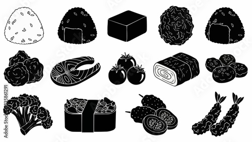 Collection of Japanese Food Items and Ingredients in Silhouette Style.