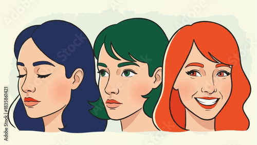 Three diverse women with varying expressions and hair colors.