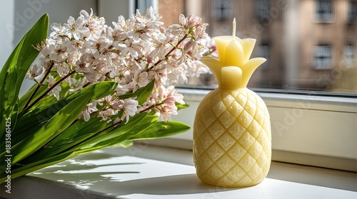 Delicate white flowers and a pineapple shaped candle sit on a windowsill.