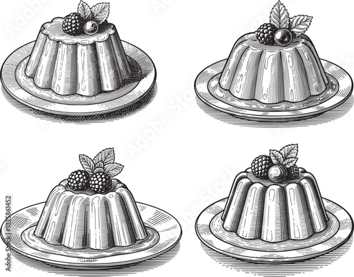 Italian Panna Cotta Mold Dessert Vintage Engraved Icon Set with Unmolded Wiggle Shape and Fresh Berry Garnish