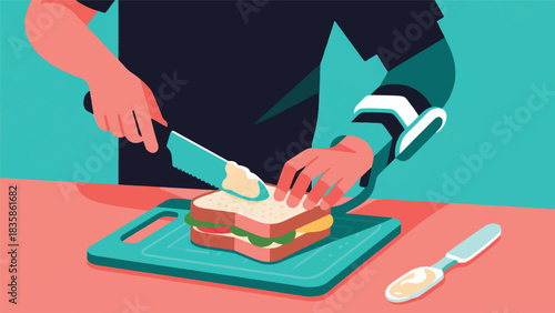 Illustration Of Person With A Physical Disability Is Assembling A Sandwich On A Non-Slip Cutting Board, Using Adaptive Knife Vector Design Template