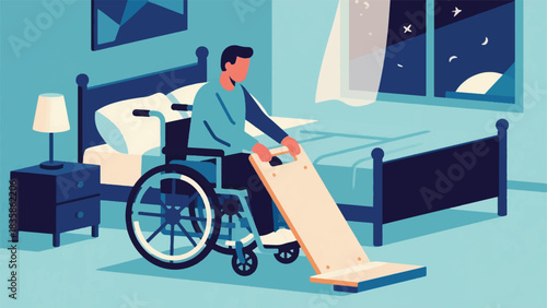 Illustration Of Person With A Physical Disability Is Independently Transferring From Their Wheelchair To Their Bed, Using A Transfer Board Vector Design Template