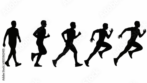 Sequence of runner silhouettes in motion from walking to sprinting.