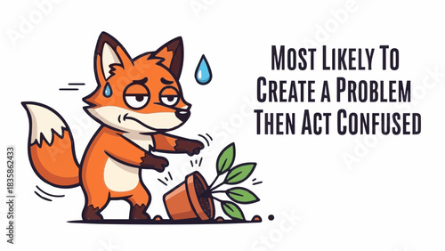 Funny cartoon fox knocking over flower pot with "Most Likely To Create A Problem Then Act Confused" quote