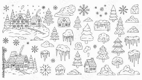 Winter Village Doodle Collection - Hand-Drawn Houses, Trees, and Snowflakes.