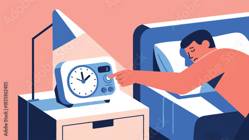 Illustration Of Person With A Sleep Disorder Is Setting An Accessible Alarm Clock With Large Buttons And A Vibratory Function Vector Design Template