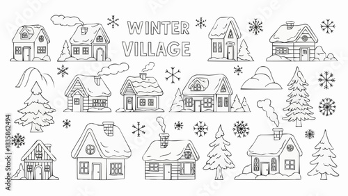 Winter Village Illustration Featuring Snow Covered Houses and Trees.