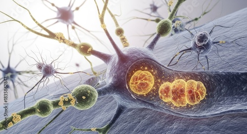 Detailed Illustration of Neuron Structure Showing Cellular Components Including Nucleus Mitochondria and Dendrites Essential for Brain Function and Neurotransmission