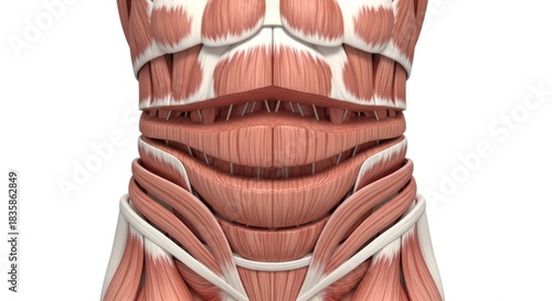 Anatomical Illustration of Abdominal Muscles Layers Showing Transversus Obliquus Rectus and Muscular System of Human Body on White Background Depicting Core Strength and Fitness