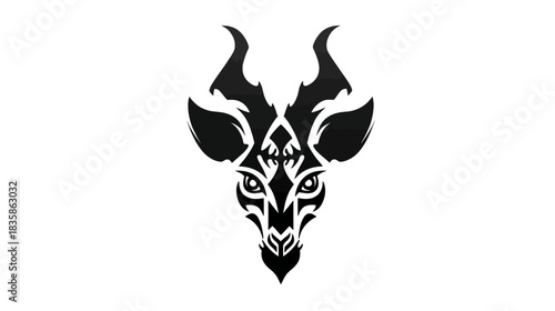 Abstract Stylized Deer Head Illustration with Ornate Tribal Patterns and Majestic Horns, Black and White Graphic