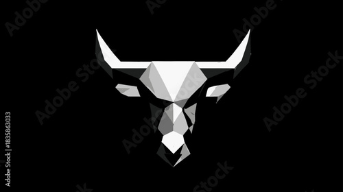 Modern geometric bull head, polygonal abstract animal symbol. Digital art representation of strength, power, and financial markets.