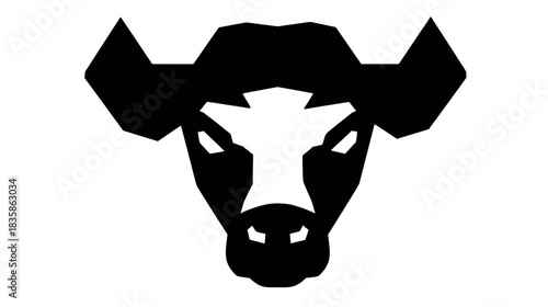 Abstract black bull head silhouette with prominent horns. Geometric stylized animal design on white background, strong and powerful.