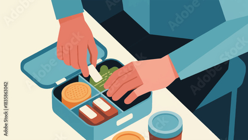 Illustration Of Person With A Visual Impairment Is Carefully Packing A Lunchbox, Using Tactile Labels To Identify Containers Vector Design Template