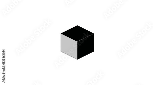 Abstract isometric 3D cube with black and grey faces on a white background. Minimalist geometric design element.