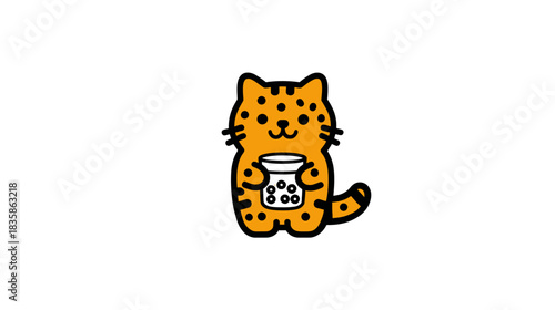 Adorable spotted cartoon cat holding a jar with round pearls, cute feline character enjoying a sweet drink, kawaii animal illustration on white