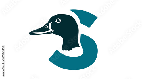 Stylized teal duck head illustration integrated into a modern letter S symbol, minimalist design icon, avian logo concept