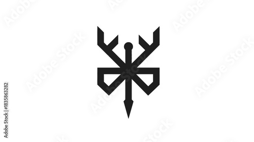 Stylized black symbol with antler-like branches and a spear point on white background, mystic graphic design element