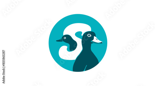 Creative illustration featuring two stylized duck heads merging with a white letter 'S' inside a vibrant teal circle, animal logo concept.