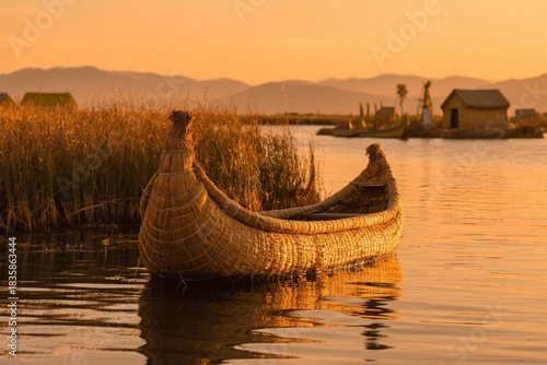 Traditional reed boat floating on calm water at sunset near floating islands