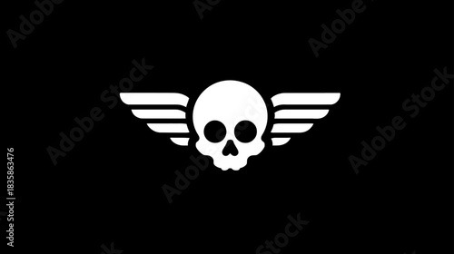 Minimalist Winged Skull Icon Vector Illustration. Graphic design element representing danger, speed, and rebellion on a black background.
