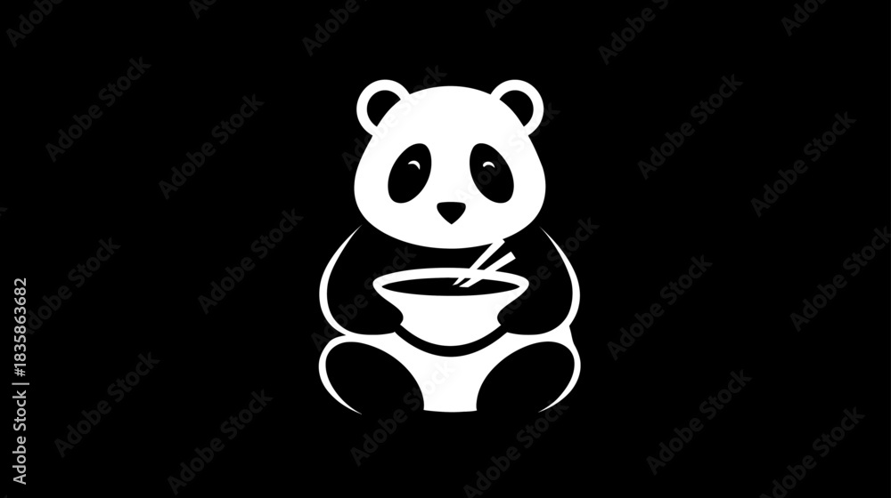 Fototapeta premium Cute minimalist graphic illustration of a sitting panda bear eating from a bowl with chopsticks on a black background