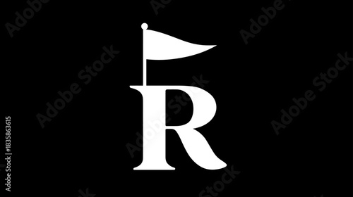 Elegant white letter R with a small flag symbol, perfect for luxury branding, monogram, or golf-related designs on a black background.