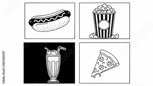 Delicious Fast Food Collection - Hot Dog, Popcorn, Milkshake, and Pizza Slice.