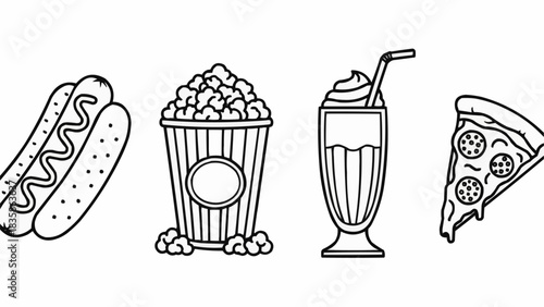 Collection of fast food items including hot dog popcorn milkshake and pizza slice.