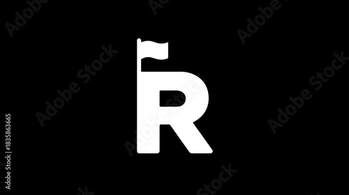 Stylized white letter R with flag icon on black background. Modern graphic symbol for success, goal, marker, or destination.