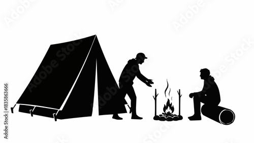 Silhouette of two people camping by a campfire next to a tent.