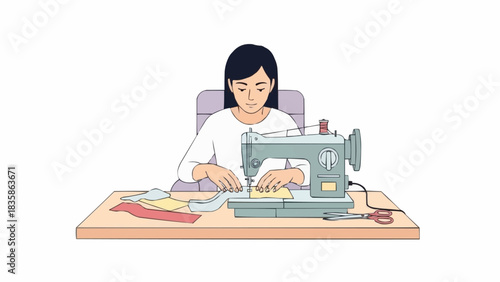 Woman Concentratedly Sewing with a Machine at Her Table.