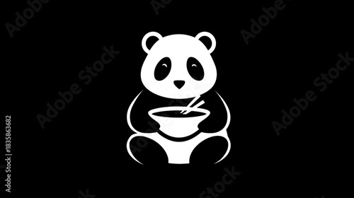 Cute minimalist graphic illustration of a sitting panda bear eating from a bowl with chopsticks on a black background