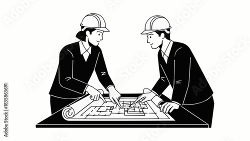 Two architects reviewing blueprints and discussing construction plans together.