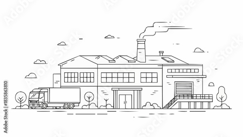 Hand drawn sketch of an industrial factory building with a truck.