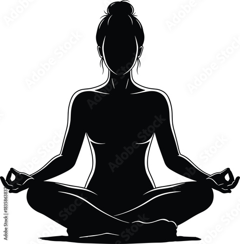 Here is a title and a comprehensive list of keywords for your Adobe Stock vector illustration of a woman in a lotus position, focusing on yoga, meditation, and wellness for SEO.