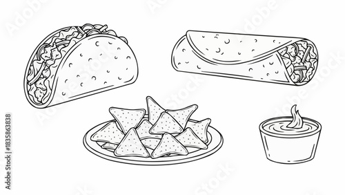 Delicious Mexican food assortment featuring taco, burrito, nachos, and dip.