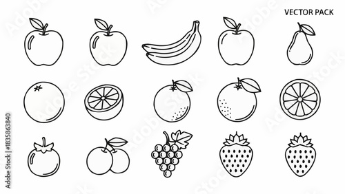 Hand-drawn outline fruit collection, featuring apples, bananas, oranges, strawberries, grapes, and persimmons.
