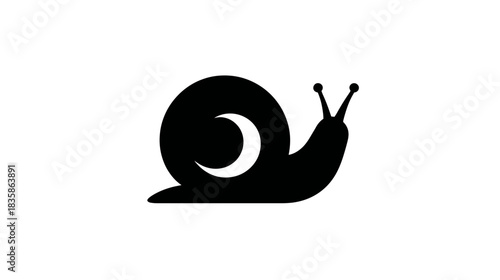 Minimalist black snail icon with crescent moon on shell, slow animal symbol, simple graphic illustration on white background