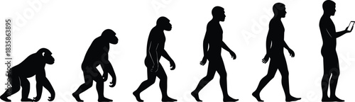 Here is a title and a comprehensive list of keywords for your Adobe Stock vector illustration of human evolution ending with a modern person using a 