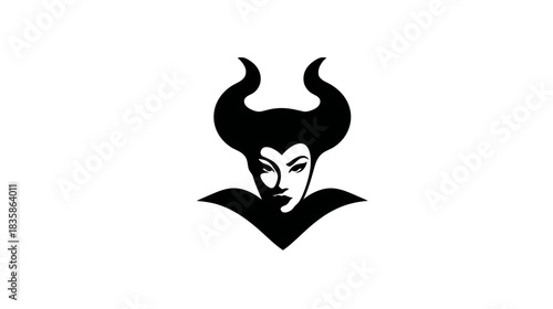 Mystical horned female silhouette, dark fantasy character icon, powerful sorceress queen, evil enchantress face vector illustration.