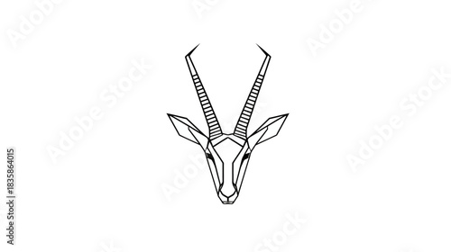 Geometric minimalist line art illustration of a gazelle or antelope head with sharp horns. Modern wild animal icon or logo element.