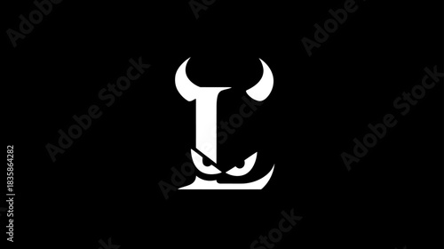 Stylized letter L logo concept with devil horns and menacing eyes, abstract evil typography icon on a dark background