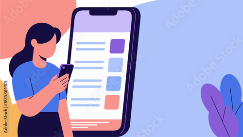 Woman Checking Shopping List on Smartphone – Pastel Flat Corporate Illustration