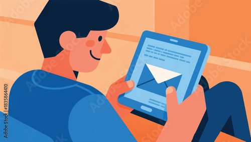 Illustration Of Person Reading Emails On A Tablet With A Specialized Font And Text-To-Speech Option Enabled Vector Design Template